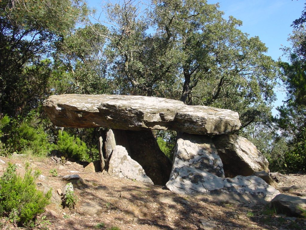 La imatge ens mostra un dels sepulcres dolmènics de les Gavarres. El dolment dels Tres Peus deu el seu nom a les tres lloses verticals que sustenten la coberta. És del tipus de galeria catalana i es troba a la Serra d'en Cals un dels focus de més concentració a les Gavarres, juntament amb Calonge i Romanyà (Santa Cristina). Tot i no apreciar-se en la imatge aquest dolment té un grafiti de la guerra civil espanyola on hi ha les sigles POUM.