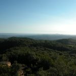 Vistes des del cim del Puig d'Arques on hi ha una torre de guaita. A la part inferior veiem el dolmen que rep el nom del cim