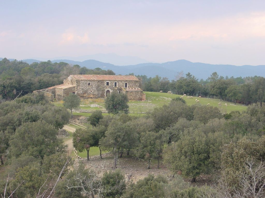 Imatge a certa distància del mas i del seu entorn. La masia és un únic cos de planta rectangular i amb dos pisos. De lluny en destaca la porta i les finestres adovellades. El teulat és a dues vessanes. Annexades al cos principal es veuen petites dependències, amb un ús passat ramader.
