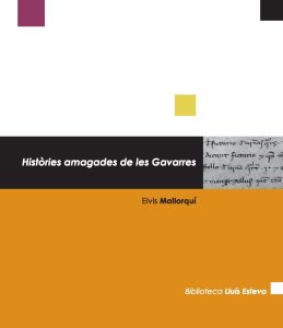 Portada del llibre "Històries de les Gavarres", monocromàtic i amb un detall del pergamí de la consagració de l'església de Santa Coloma de Fitor.