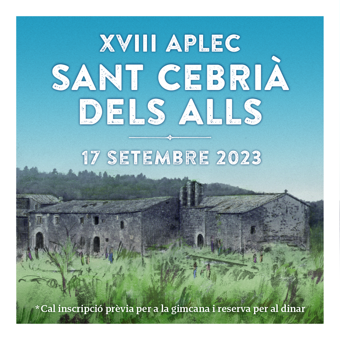 Cartell de l'aplec amb una foto modificada del conjunt arquitectònic de Sant Cebrià dels Alls compost per la sagristia, el castell i l'església.